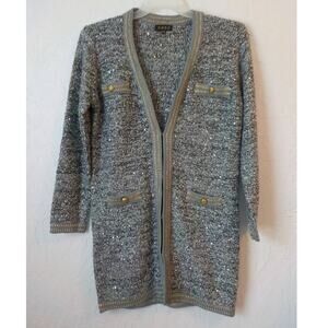 GWBG Gray Sequin Knit Long Tunic Cardigan Women Size S/M Gold Trim Button HookUp